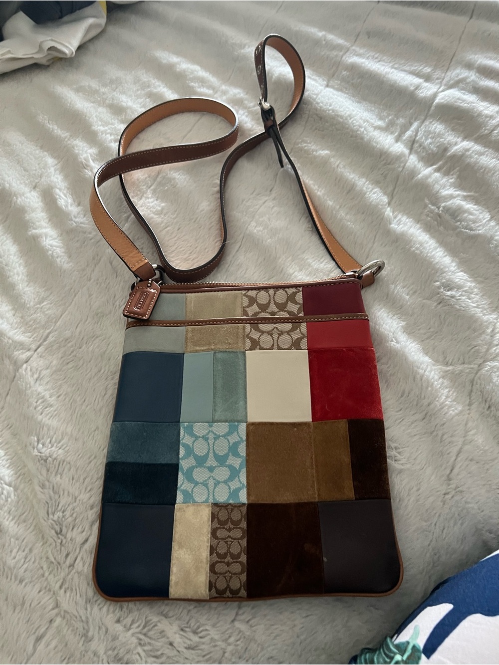 Coach Multi-Panel Patchwork Crossbody in Red, Blue, Brown & Cream